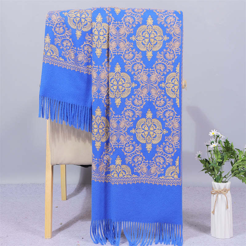 Polyester Shawl Symmetry Gold Filigree Embroidery Tassel Winter Cozy Travel Scarf Wrap