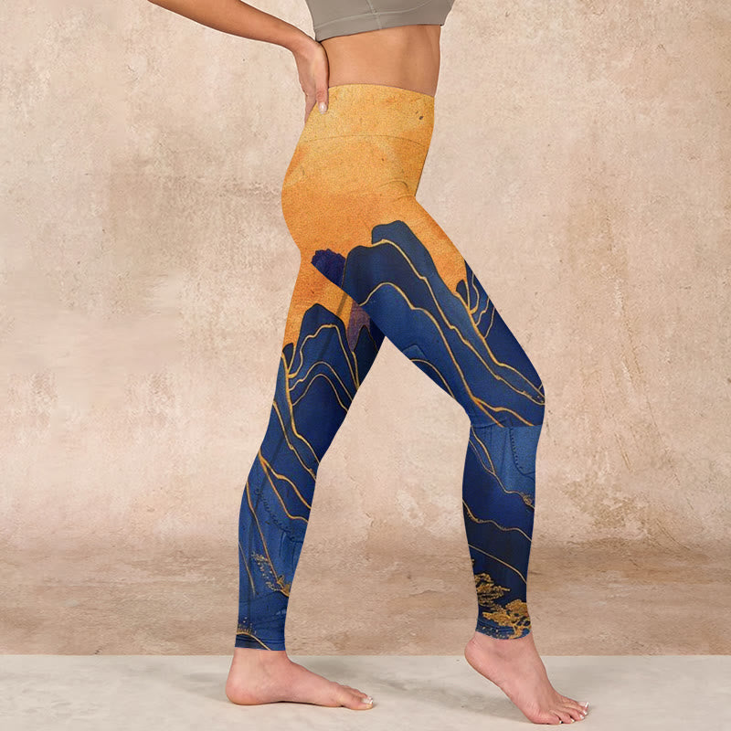 Dark Blue Mountain Sunset Print Fitness Leggings Women's Yoga Pants