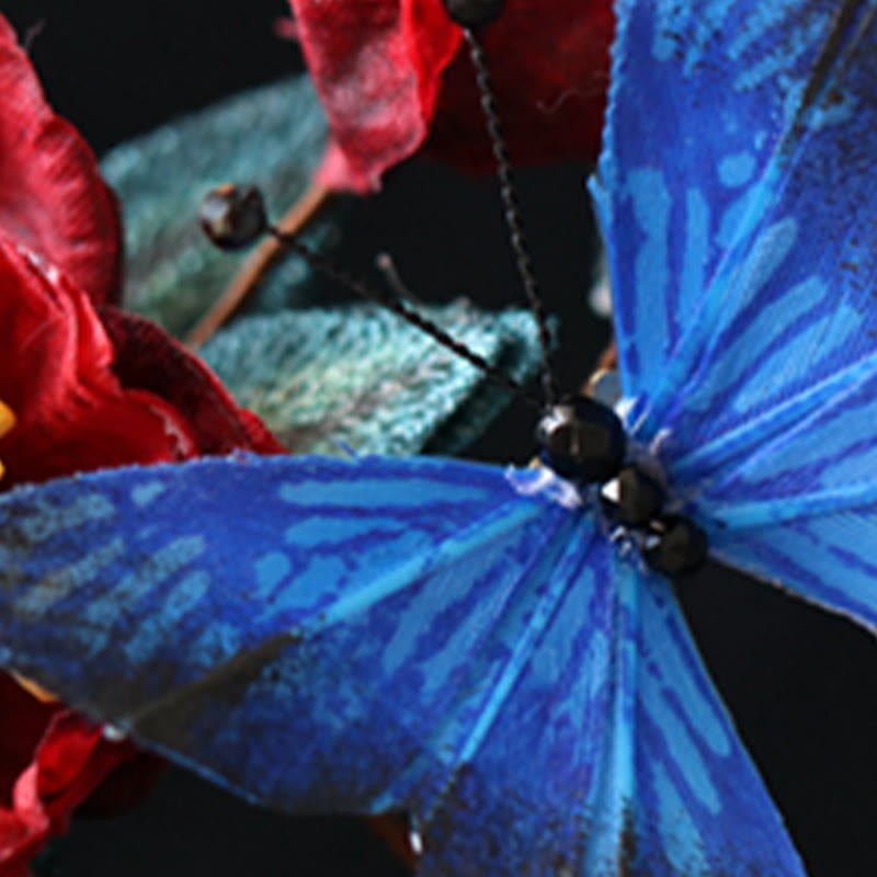 Classical Chinese Style Red Flower Blue Butterfly Hairpin