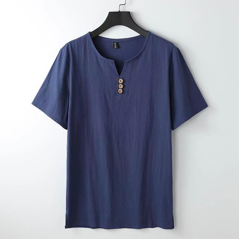 Solid Color V-neck Three Top Buttons Short Sleeve Cotton?linen Men's Shirt