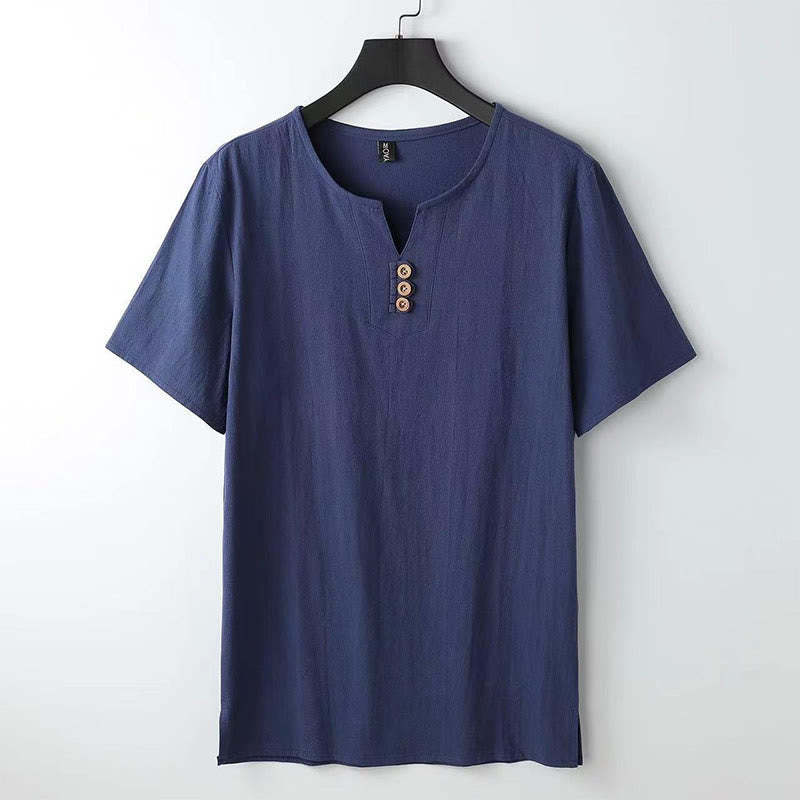 Solid Color V-neck Three Top Buttons Short Sleeve Cotton?linen Men's Shirt