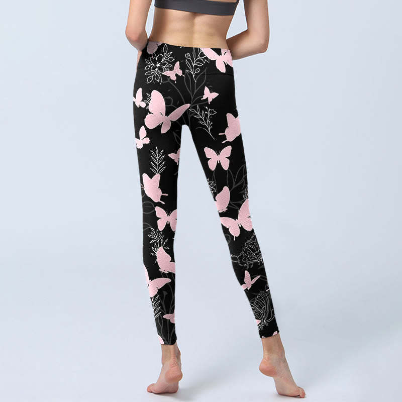 Black Butterfly Plant Lines Pattern Print Gym Leggings Women's Yoga Pants