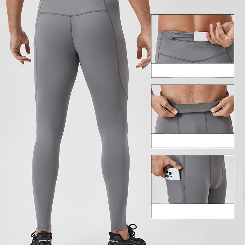 Solid Color High Waist Elastic Breathable Sports Men's Leggings Pants With Back Zipper Pocket