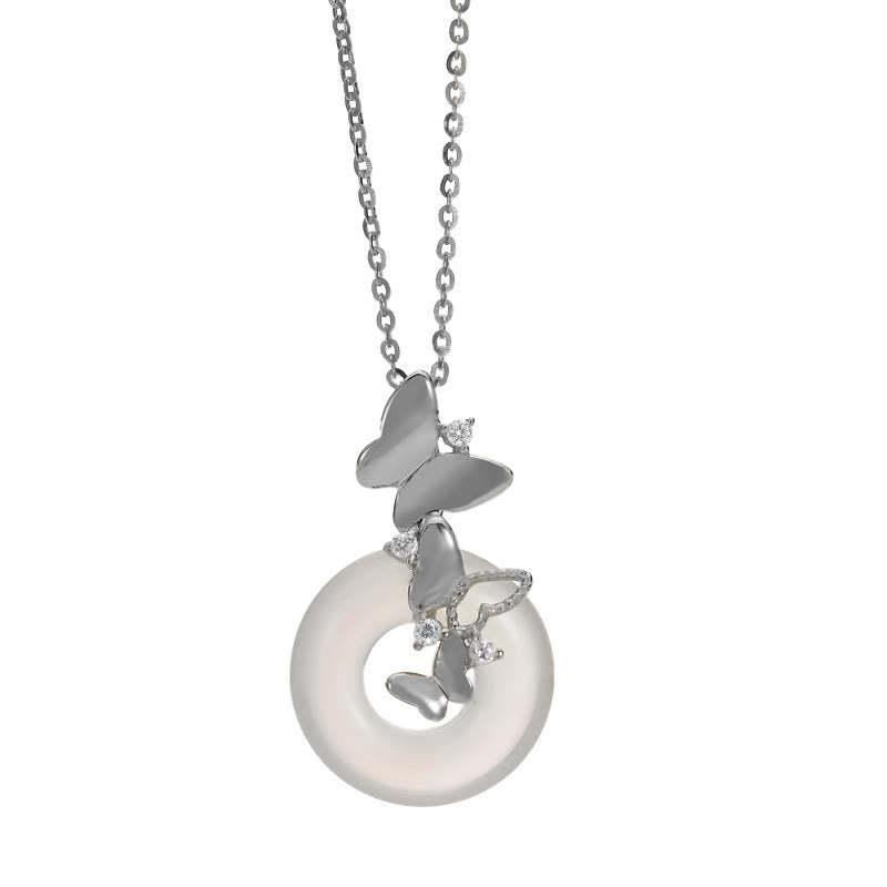 925 Sterling Silver Butterfly Chalcedony Peace Buckle Blessing Luck Necklace Pendant
