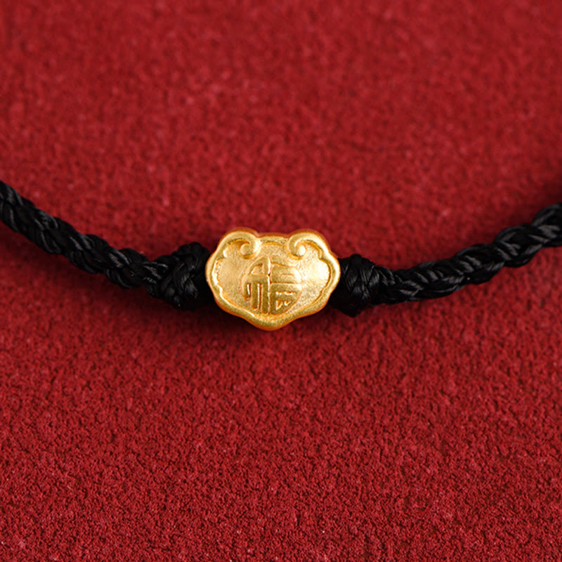 999 Gold Chinese Lock Charm Fu Character Protection Handmade Rope Bracelet