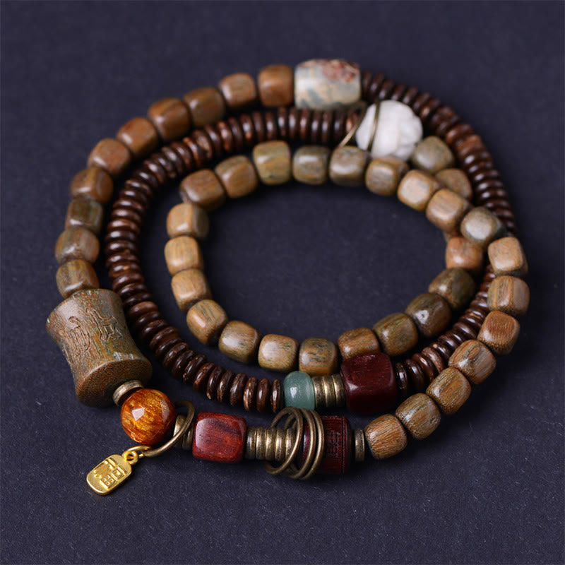 Green Sandalwood Ebony Om Mani Padme Hum Engraved Peace Triple Wrap Bracelet