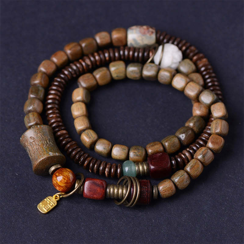 Green Sandalwood Ebony Om Mani Padme Hum Engraved Peace Triple Wrap Bracelet