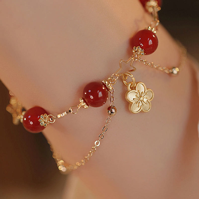 14k Gold Plated Red Agate Star Flower Charm Calm Bracelet