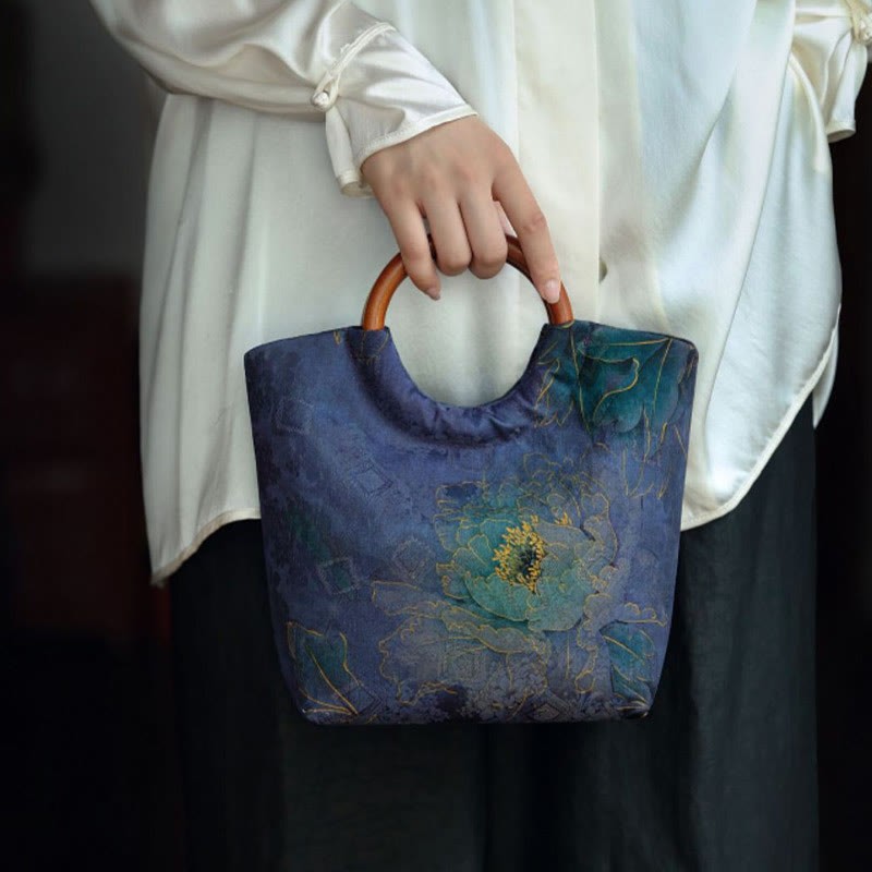 Peony Flower Bamboo Leaves Bird Solid Wood Handle Handbag