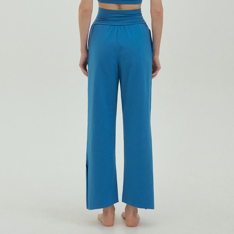 Casual Loose Tie-down Hem Plain High Waist Women's Leica Pants With Pockets