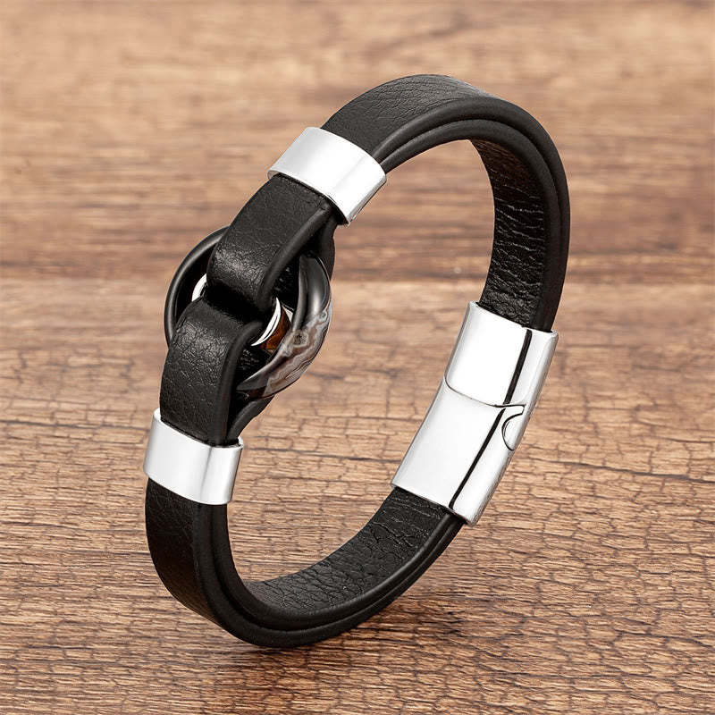 Round Green Aventurine Black Onyx Hematite Agate Rose Quartz Stone Balance Leather Magnetic Buckle Bracelet