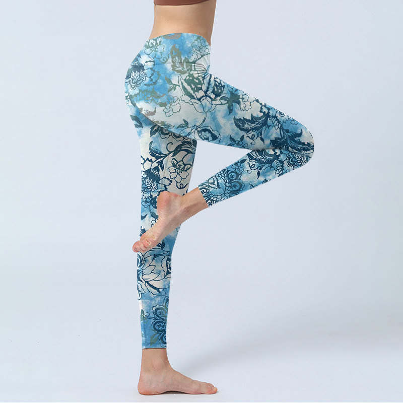 Peony Chrysanthemum Print Gym Leggings Women's Yoga Pants