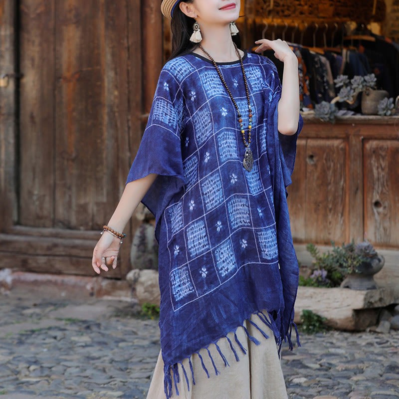 Blue Color Block Plaid Shawl Tassels Soft Pullover 90*95cm