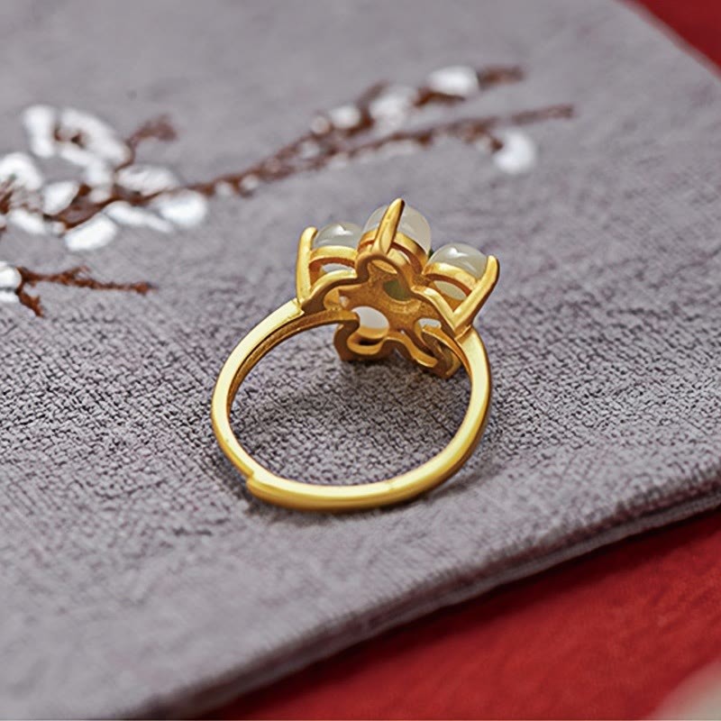 925 Sterling Silver Natural Hetian Jade Peach Blossom Flower Luck Adjustable Ring