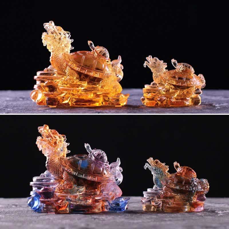 Feng Shui Dragon Turtle Coins Handmade Liuli Crystal Luck Art Piece Home Office Decoration