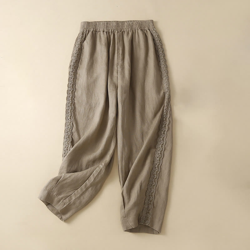Plain Color Flower Embroidery Side Linen Women's Pants With Pockets