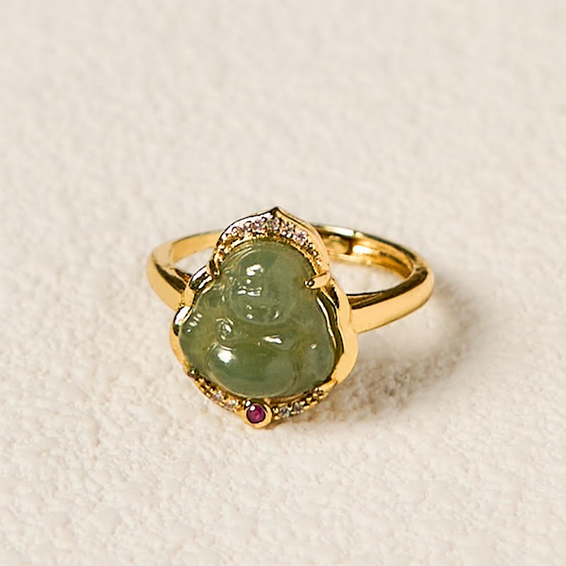 Natural Hetian Jade Egg Gourd Copper Laughing mystic zen Open Luck Ring