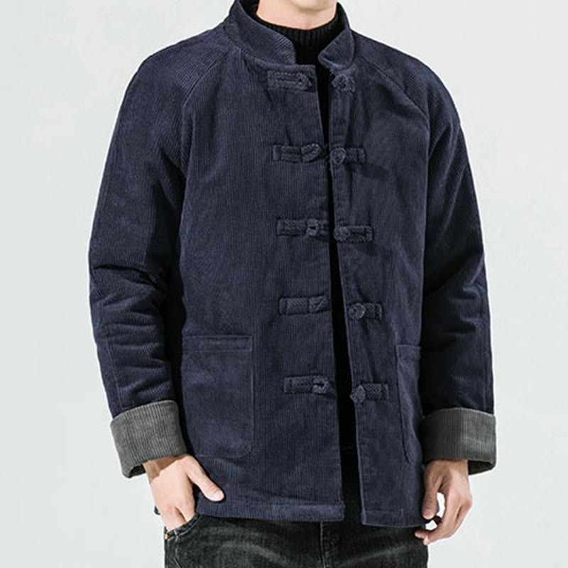 Frog-Button Chinese Tang Suit Stand Collar Long Shirt Corduroy Men Cotton Jacket Clothing