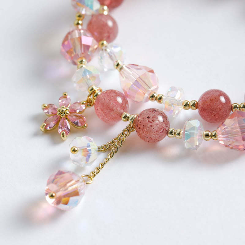 Strawberry Quartz Zircon Flower Healing Double Wrap Bracelet
