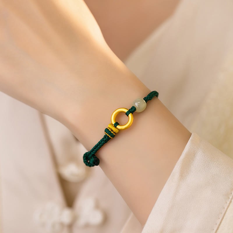 999 Sterling Silver Peace Buckle Hetian Jade Bead Luck Green Rope Braided Bracelet
