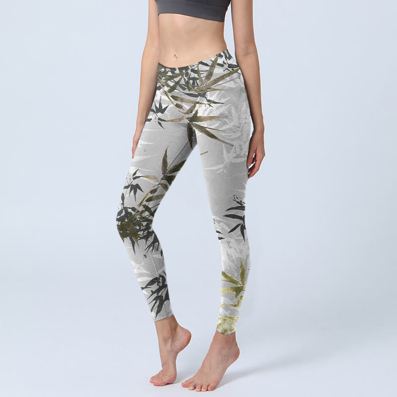 Dark Gray Bamboo Leaves Print Gym Leggings Women's Yoga Pants