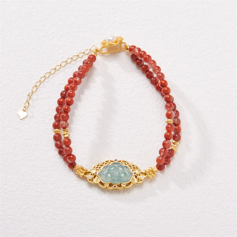 925 Sterling Silver Plated Gold Natural Red Agate Lotus Jade Calm Double Layer Bracelet