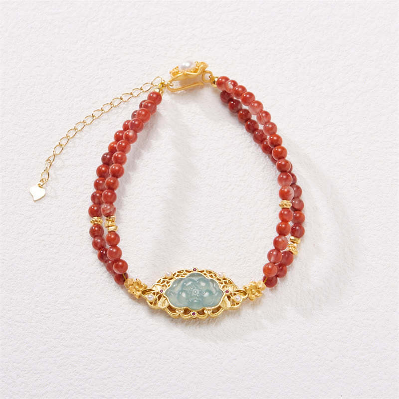 925 Sterling Silver Plated Gold Natural Red Agate Lotus Jade Calm Double Layer Bracelet