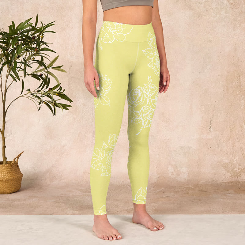 Yellow Rose Print Fitness Leggings Women's Yoga Pants