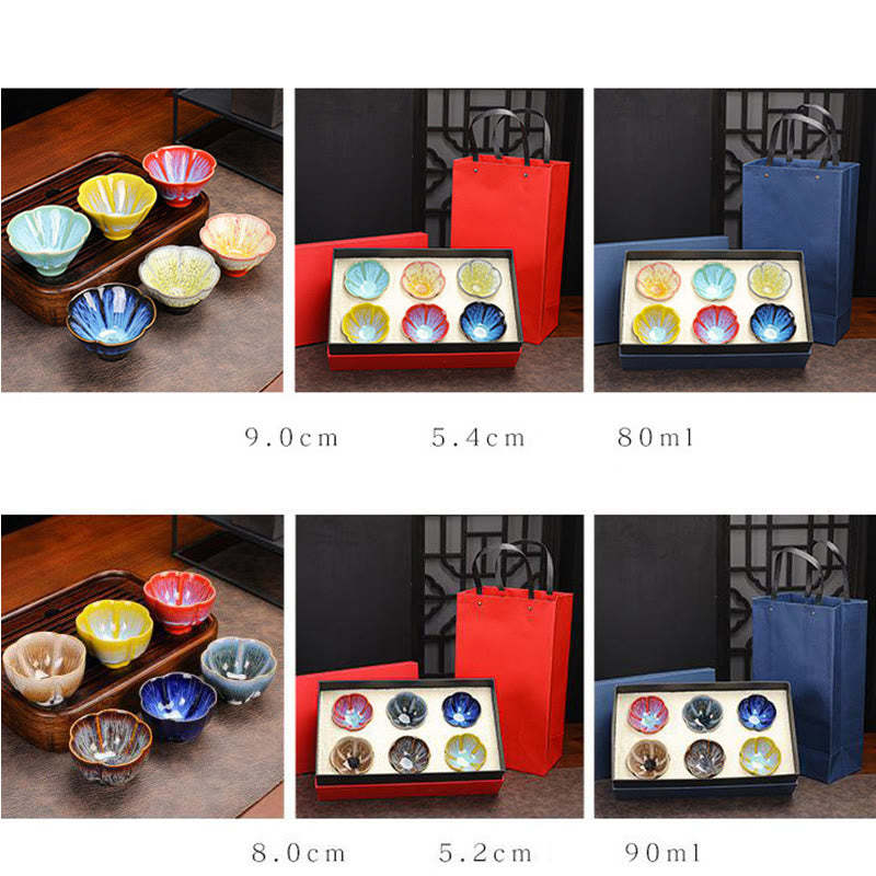 6Pcs Plum Blossom Petal Pattern Chinese Jianzhan Kiln Change Ceramic Teacup Kung Fu Tea Cup Bowl With Gift Box