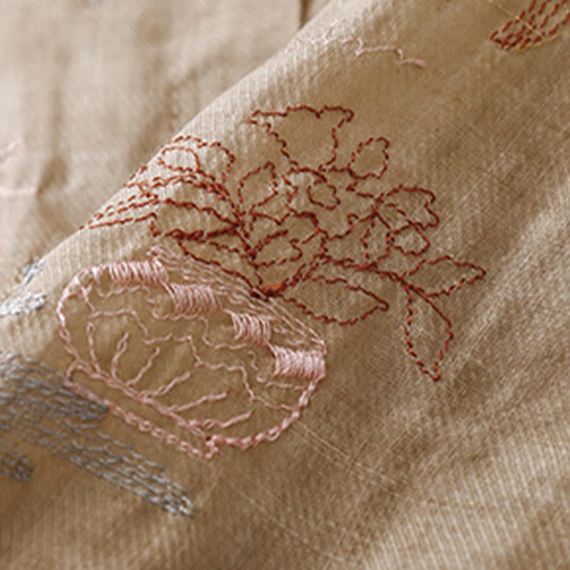 Casual Embroidered Plant Stand Collar Design Three Quarter Sleeve Women's Cotton Linen Shirt