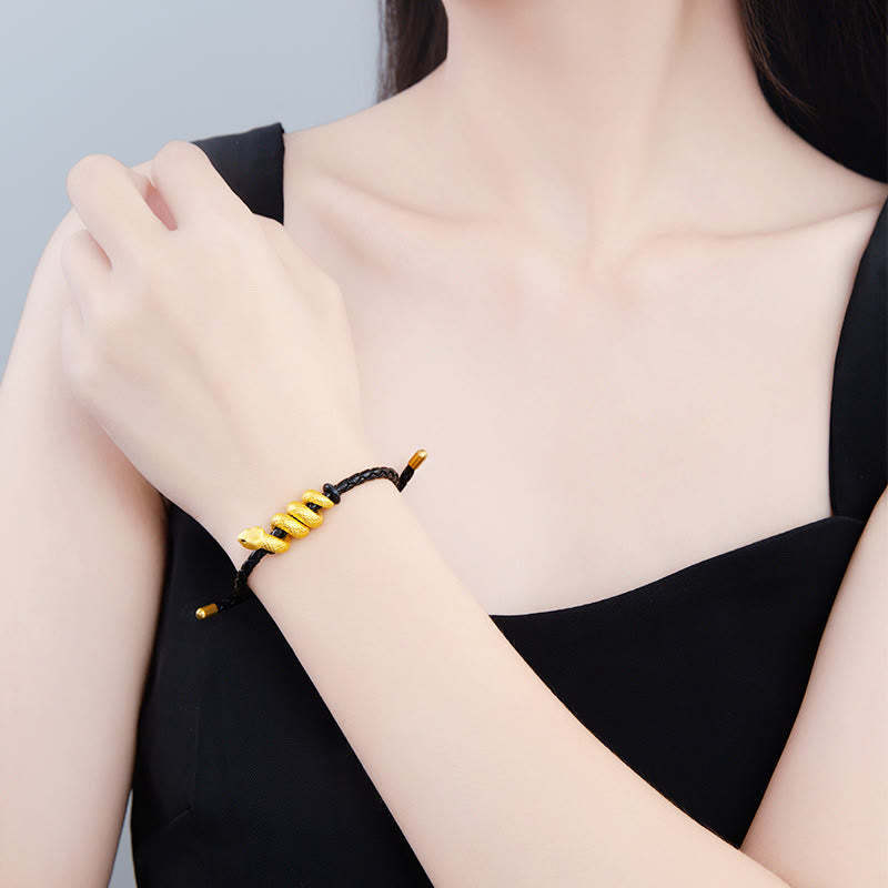 999 Gold Snake Double Buckle Leather Cord Black Rope Year Of The Snake Protection Bracelet