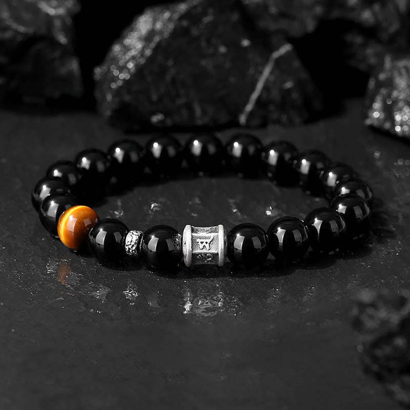 999 Sterling Silver Black Obsidian Tiger Eye Om Mani Padme Hum Fulfillment Bracelet