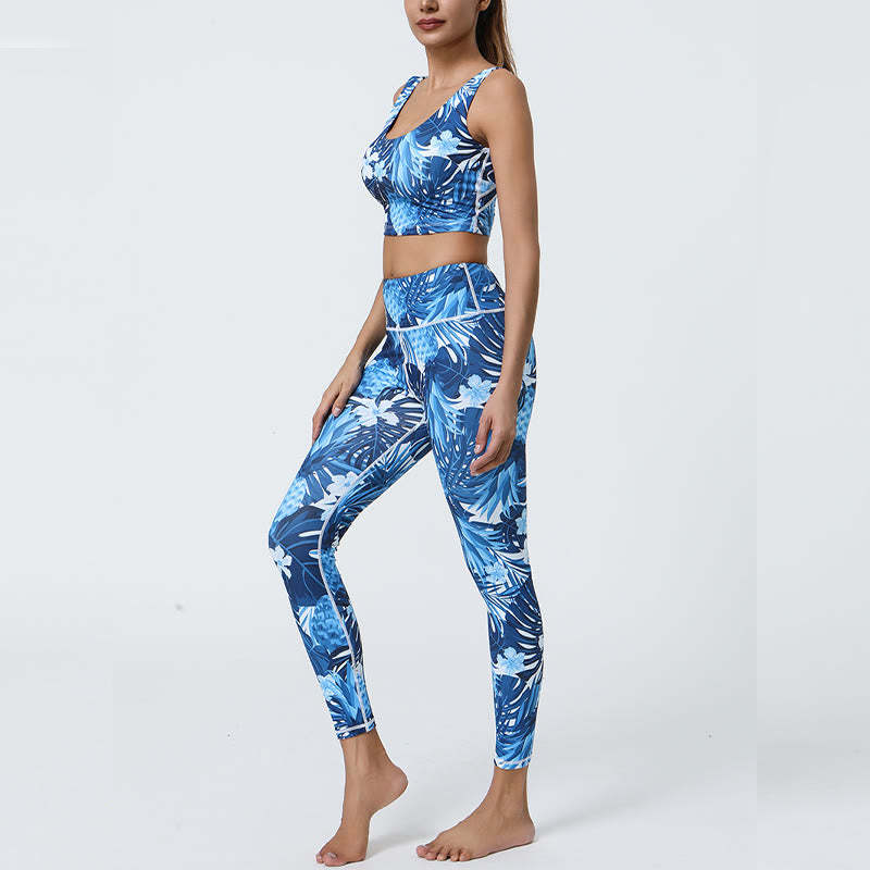 2Pcs Pineapple Grass Leaves Print Sports Fitness Crop Tank Bra High Waist Leggings Yoga Pants