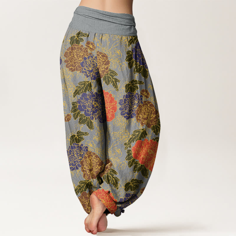 Peony Flowers Leaves Design Women's Elastic Waist Harem Pants