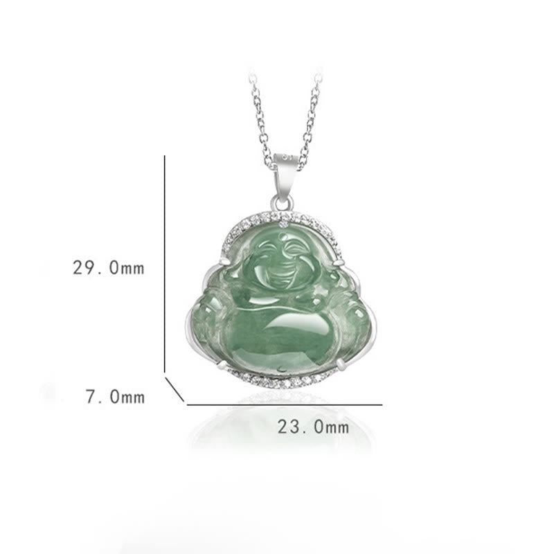 925 Sterling Silver Laughing mystic zen Natural Jade Luck Prosperity Necklace Chain Pendant