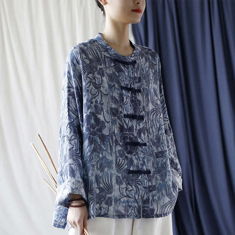 Retro Blue White Flowers Frog-Button Design Long Sleeve Ramie Linen Jacket Shirt