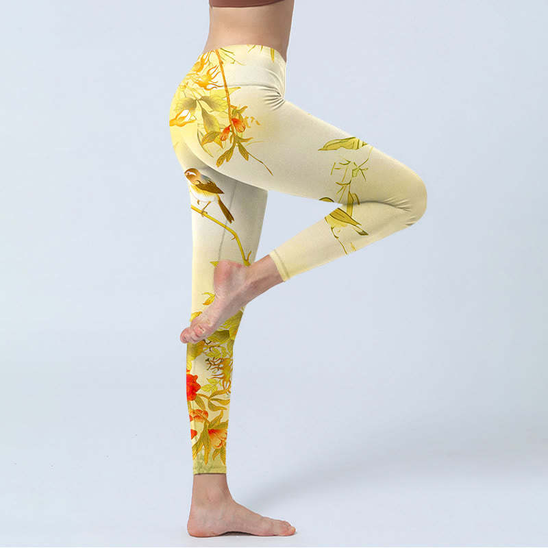 Light Yellow Peony Flowers Birds Print Sports Leggings Women's Yoga Pants