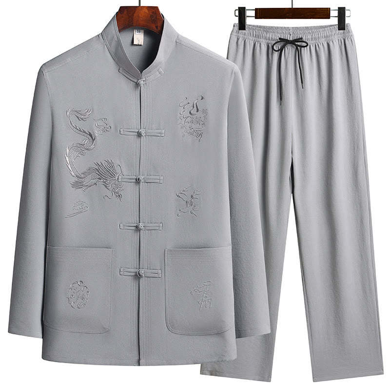 Chinese New Year Embroidered Dragon Frog-button Tang Suit Hanfu Long Sleeve Top Pants Clothing Men's Set