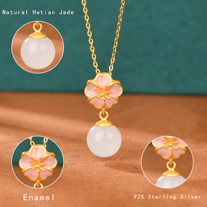 925 Sterling Silver Natural Hetian White Jade Cherry Blossom Sakura Luck Necklace Pendant Ring Earrings Set