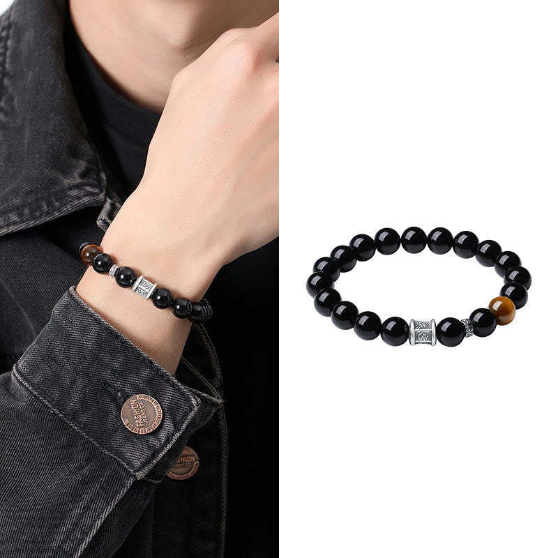 999 Sterling Silver Black Obsidian Tiger Eye Om Mani Padme Hum Fulfillment Bracelet