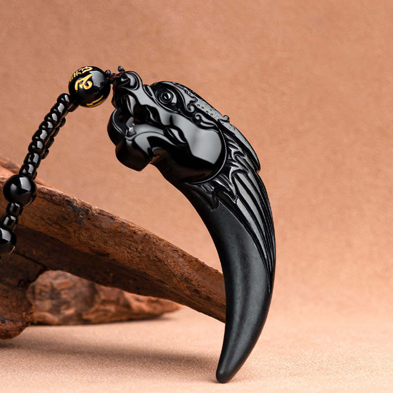 Natural Black Jade Chinese Zodiac Dragon Tooth Pattern Protection Necklace Pendant