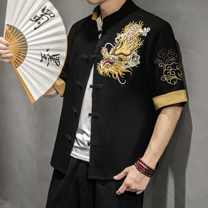 Frog-Button Chinese Dragon Auspicious Cloud Embroidery Half Sleeve Shirt Cotton Linen Men Clothing