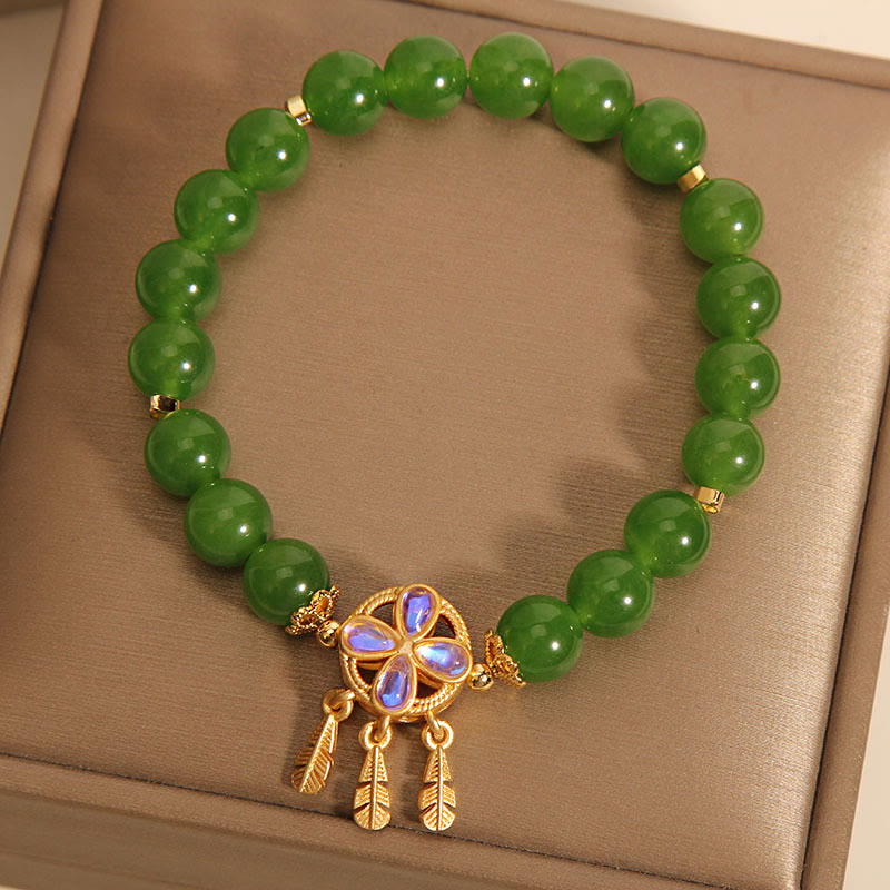 Green Jade Dreamcatcher Four Leaf Clover Luck Bracelet
