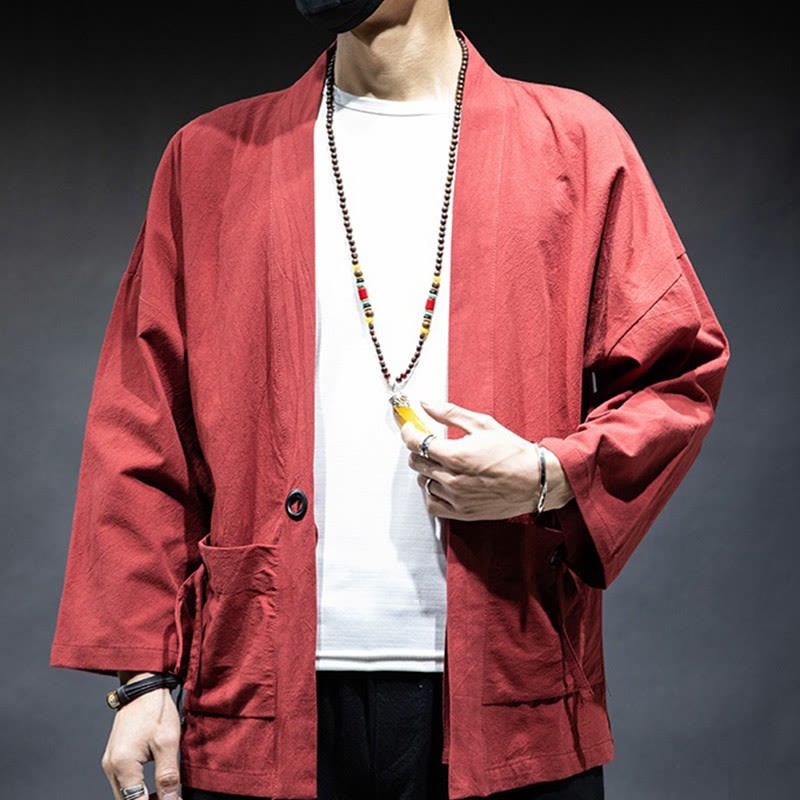 Solid Color Lace-up Open Front Jacket Cotton Men's Kimono