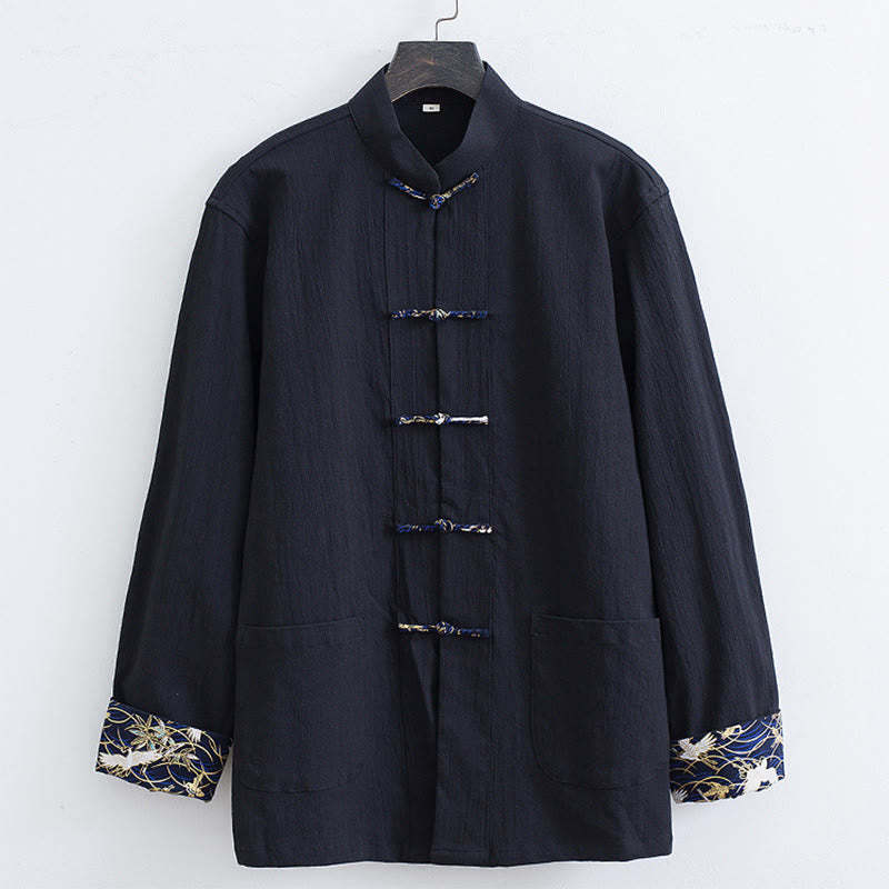 Men's Frog-Button Tang Suit Cotton White Crane Embroidery Jacket Shirt With Pockets