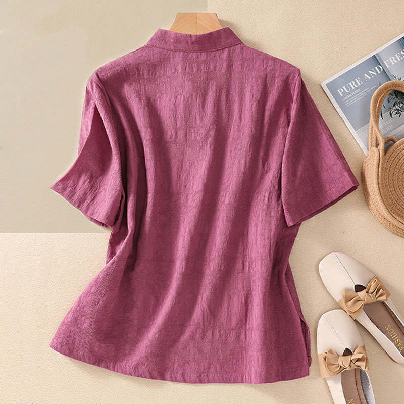 Plum Blossom Embroidery Frog-Button Short Sleeve Cotton Linen Shirt