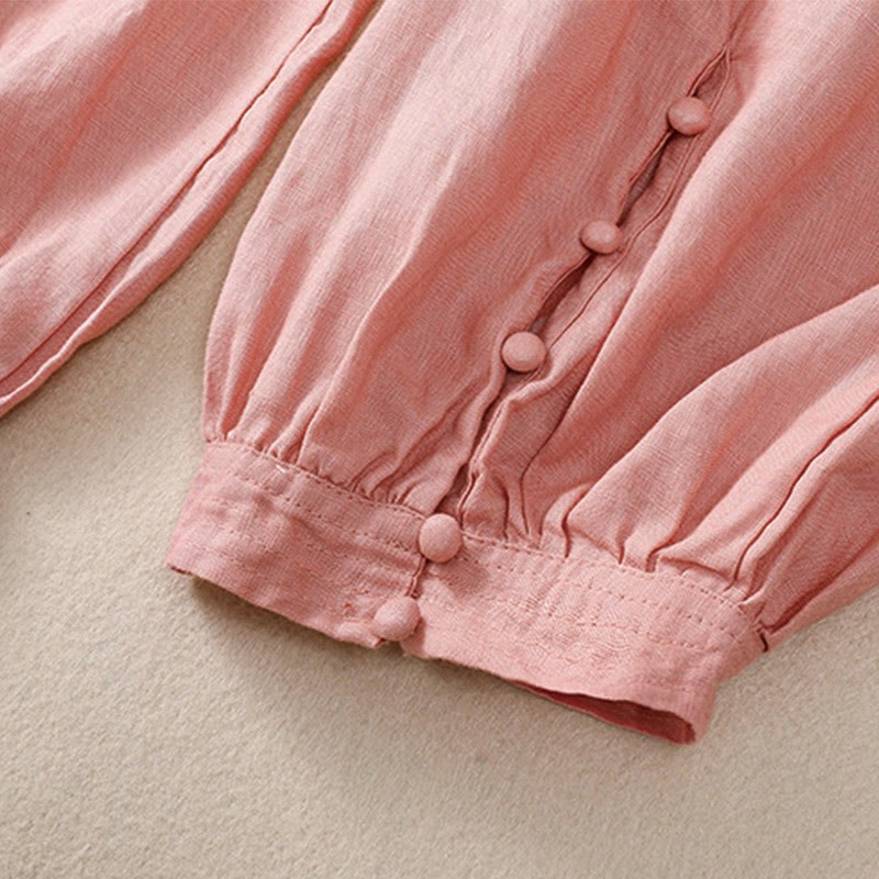 Pure Color Drawstring Frog-Button Cotton Linen Women's Harem Pants With Pockets