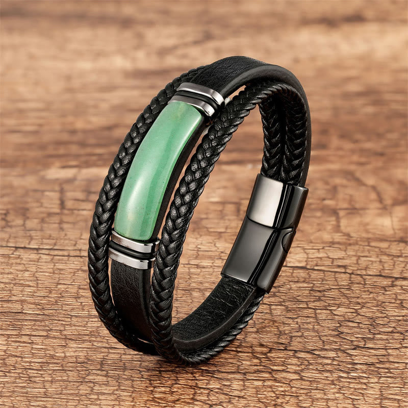 Natural Stone Green Agate Power Multilayered Braided Leather Bracelet