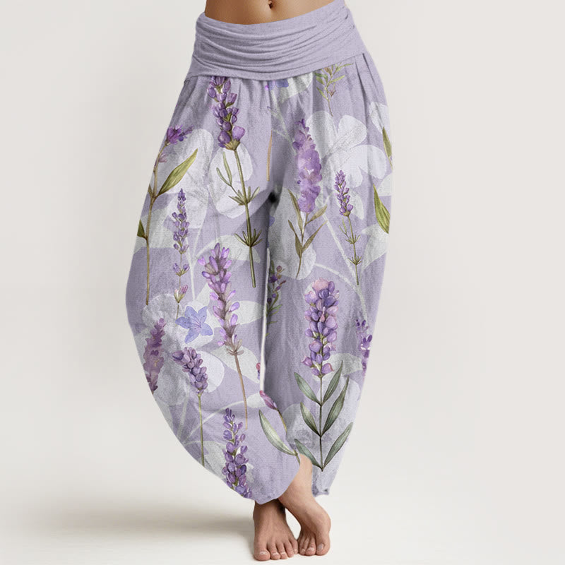 Casual Lavender Flowers Lilies Women's Elastic Waist Harem Pants