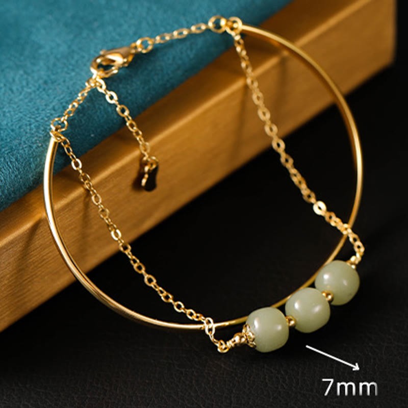 Copper Plated Gold Hetian Jade Bead Luck Double Layer Bracelet Bangle